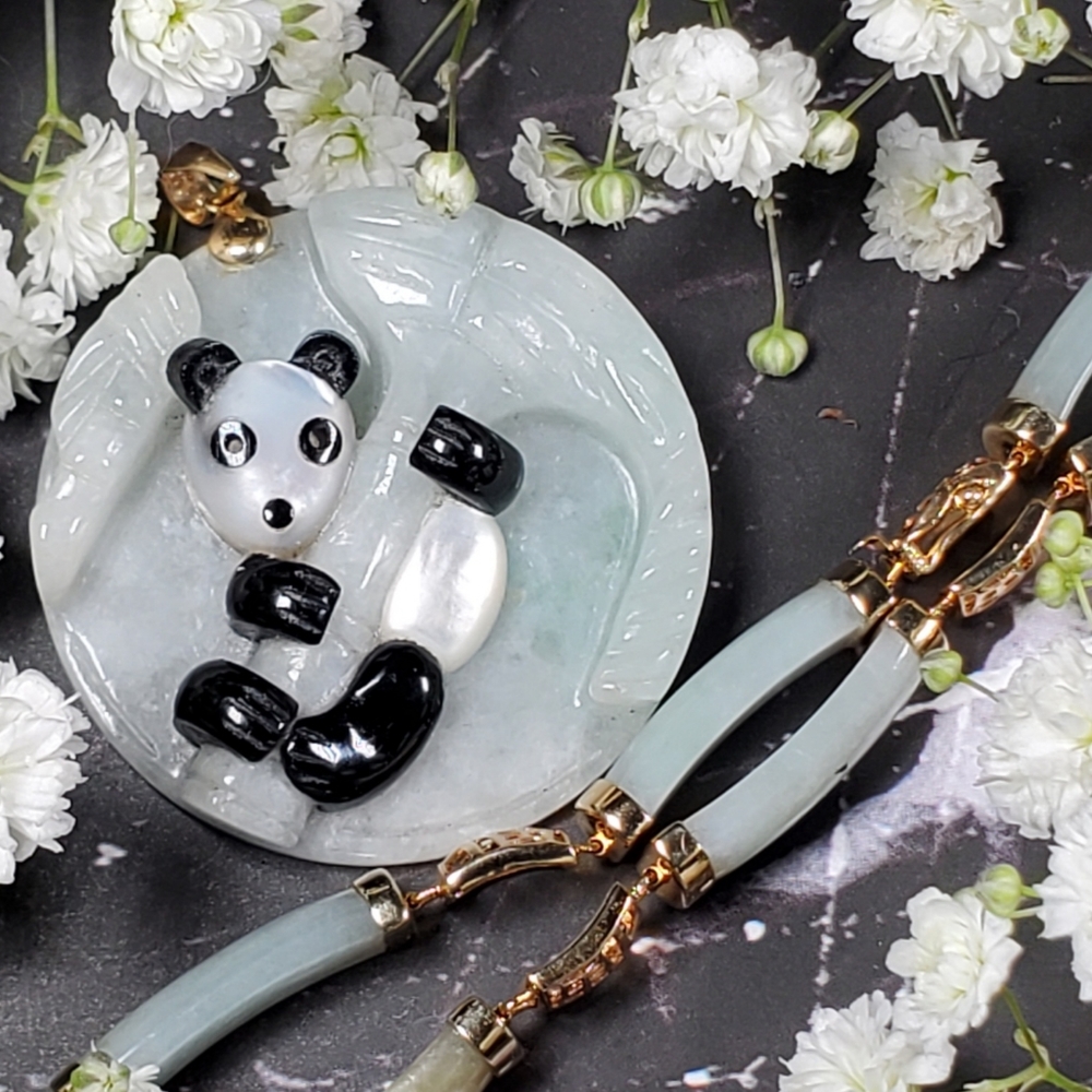 14k Jadeite, mother of pearl, and onyx Panda pendant with Jadeite Bracelet